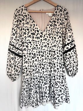 Lost in Lunar Leopard Print Linen Blend Mini Dress Tiered Ruffle Boho Size XS